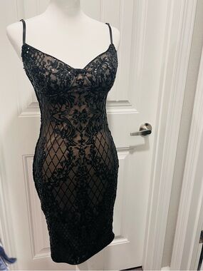 privy Black Sheer Lace & Sequin Slip Dress